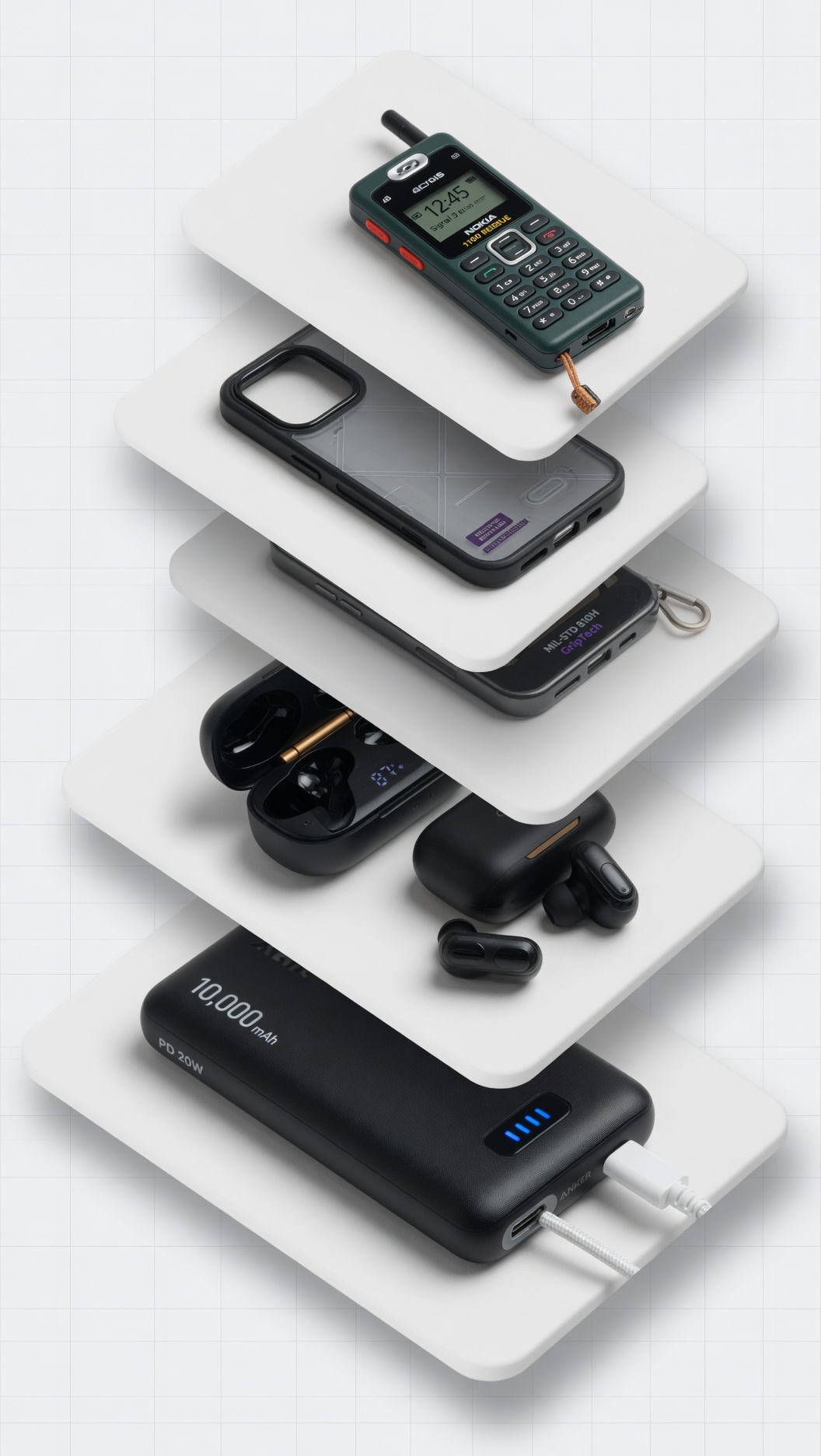 Vertical stack of dumbphone essentials for mobile carry