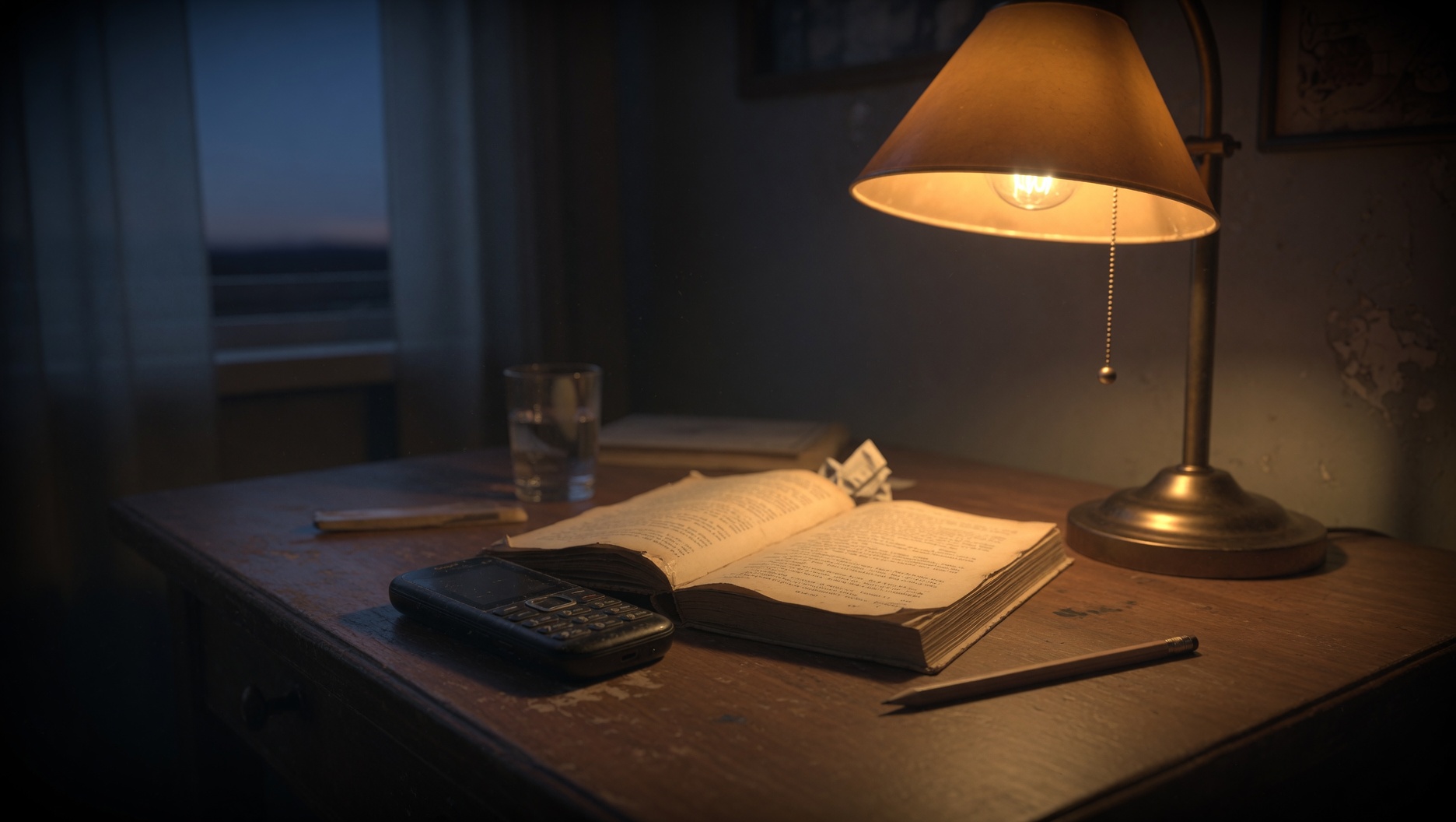 Calm evening desk with dumbphone and book under warm light
