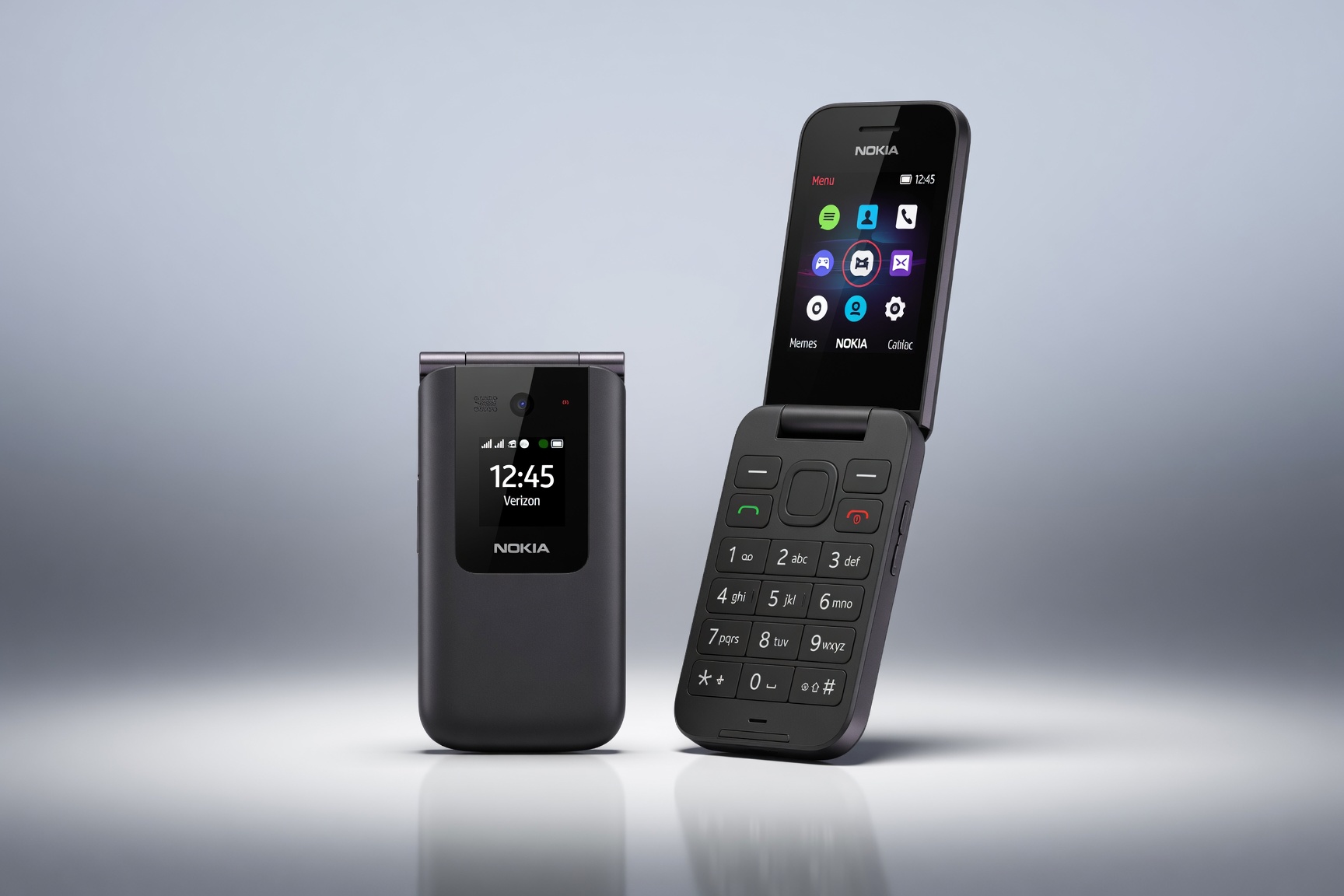 Nokia 2780 Flip phone shown open and closed side by side on studio gradient background